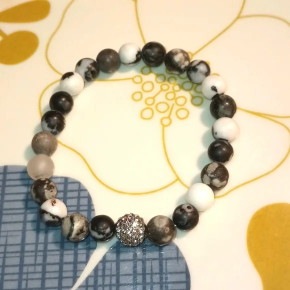 INDIGO HEALS SEMIPRECIOUS STONES WHITE ZEBRA JASPER STONES DOUBLE BRACELETS - Picture 2 of 4